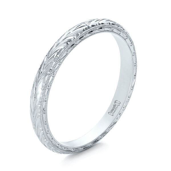 18k White Gold 18k White Gold Custom Hand Engraved Wedding Band - Three-Quarter View -  102041