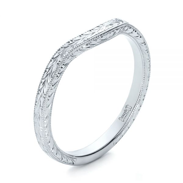 18k White Gold 18k White Gold Custom Hand Engraved Wedding Band - Three-Quarter View -  102047