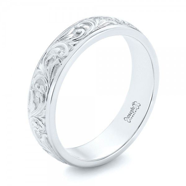 14k White Gold Custom Hand Engraved Wedding Band - Three-Quarter View -  103011