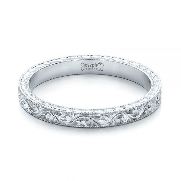 14k White Gold Custom Hand Engraved Wedding Band - Flat View - 100814