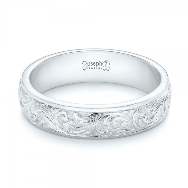 14k White Gold Custom Hand Engraved Wedding Band - Flat View - 103011