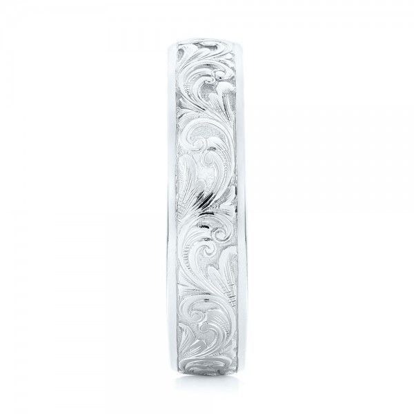 14k White Gold Custom Hand Engraved Wedding Band - Side View - 103011