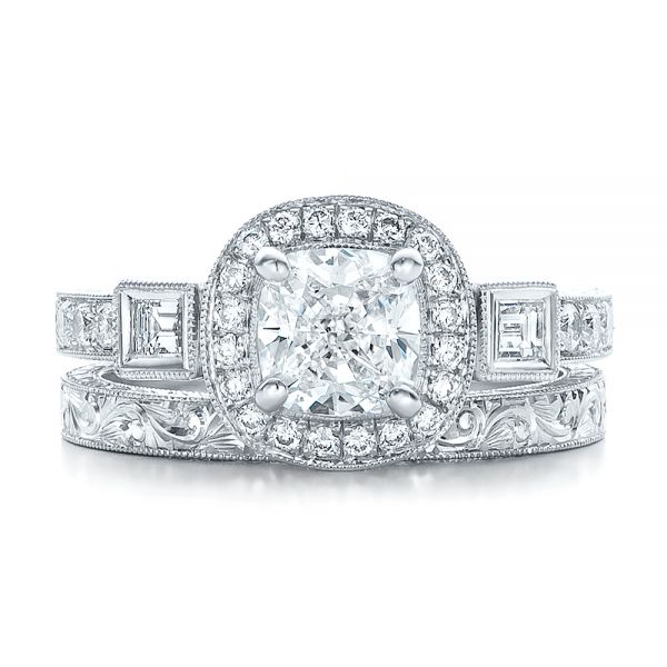 14k White Gold Custom Hand Engraved Wedding Band - Top View - 100814