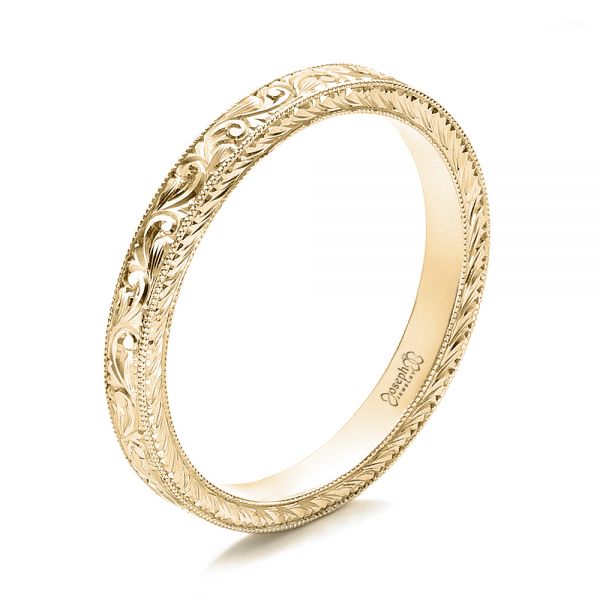 18k Yellow Gold 18k Yellow Gold Custom Hand Engraved Wedding Band - Three-Quarter View -  100814