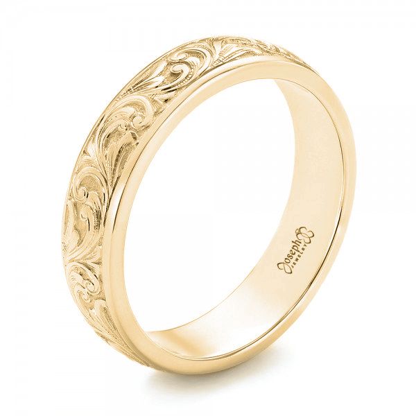 18k Yellow Gold 18k Yellow Gold Custom Hand Engraved Wedding Band - Three-Quarter View -  103011