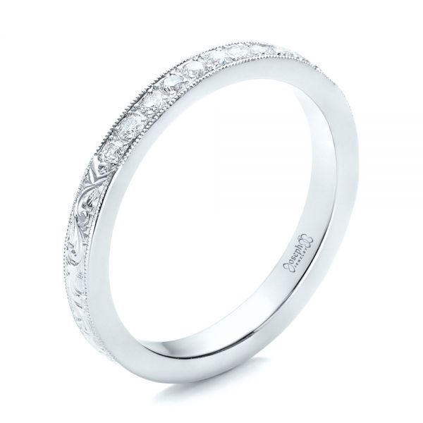 18k White Gold 18k White Gold Custom Hand Engraved Diamond Wedding Band - Three-Quarter View -  101423