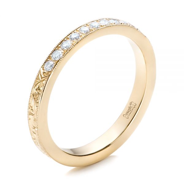 18k Yellow Gold 18k Yellow Gold Custom Hand Engraved Diamond Wedding Band - Three-Quarter View -  101423