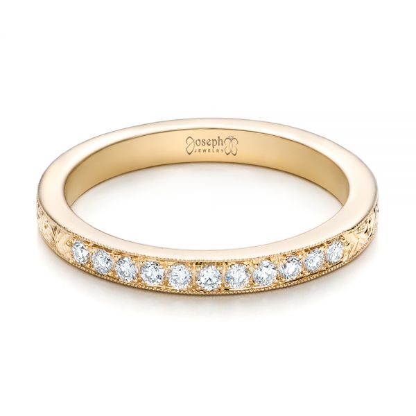14k Yellow Gold Custom Hand Engraved Diamond Wedding Band - Flat View - 101423
