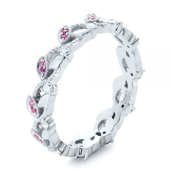 18k White Gold Custom Organic Pink Sapphire And Diamond Wedding Band - Three-Quarter View -  102273