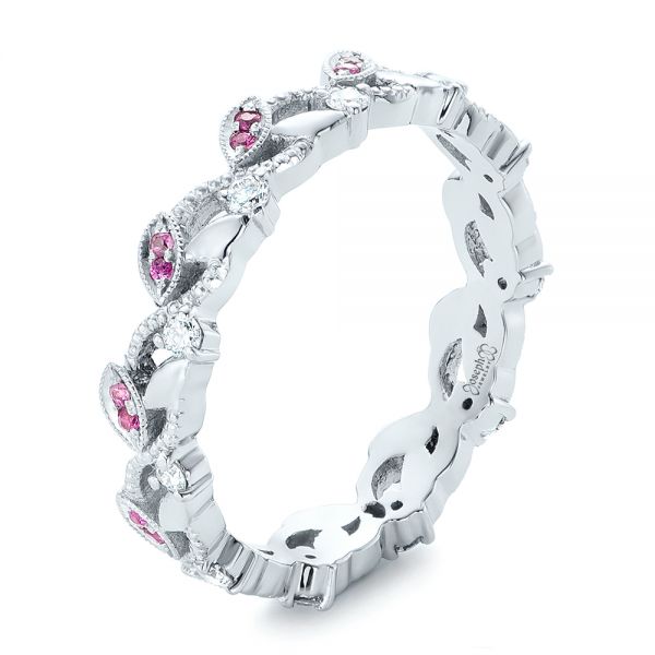 14k White Gold 14k White Gold Custom Organic Pink Sapphire And Diamond Wedding Band - Three-Quarter View -  102273