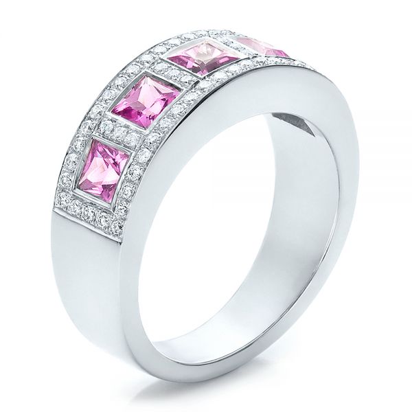 18k White Gold Custom Pink Sapphire And Diamond Anniversary Band - Three-Quarter View -  100552