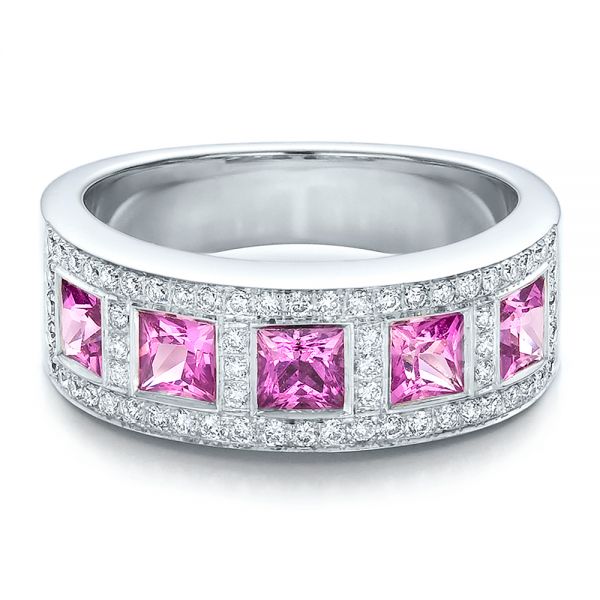 18k White Gold Custom Pink Sapphire And Diamond Anniversary Band - Flat View -  100552