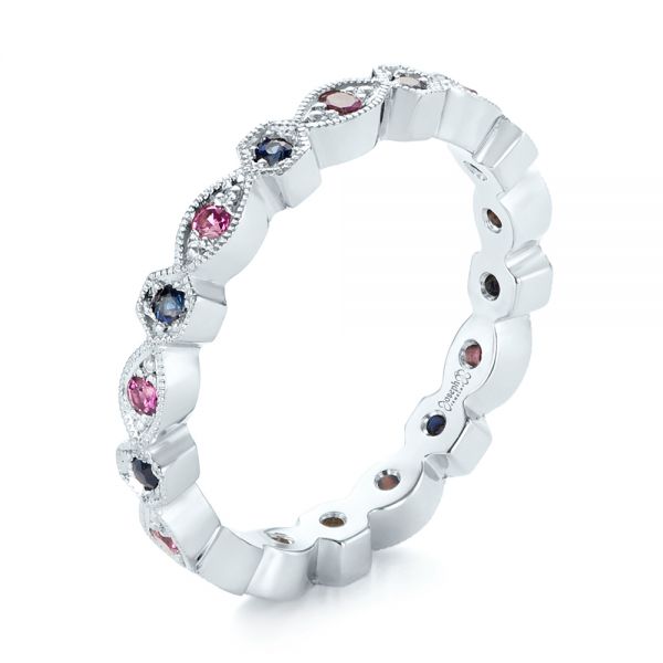 18k White Gold 18k White Gold Custom Pink And Blue Sapphire Eternity Wedding Band - Three-Quarter View -  103429