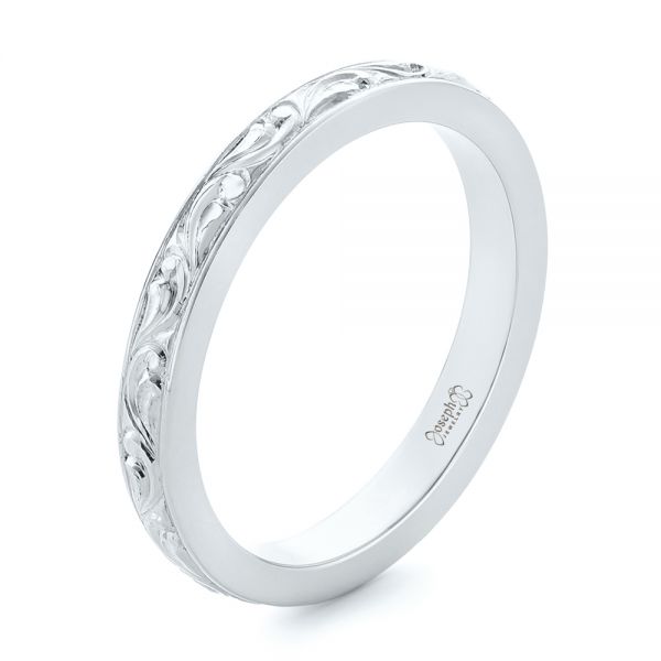 18k White Gold 18k White Gold Custom Relief Engraved Wedding Band - Three-Quarter View -  102424