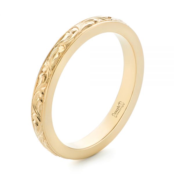 18k Yellow Gold Custom Relief Engraved Wedding Band - Three-Quarter View -  102424