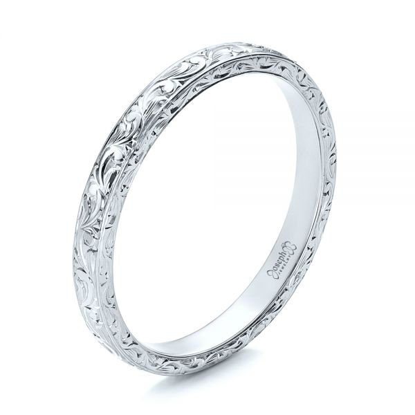 18k White Gold 18k White Gold Custom Hand Engraved Wedding Band - Three-Quarter View -  101619