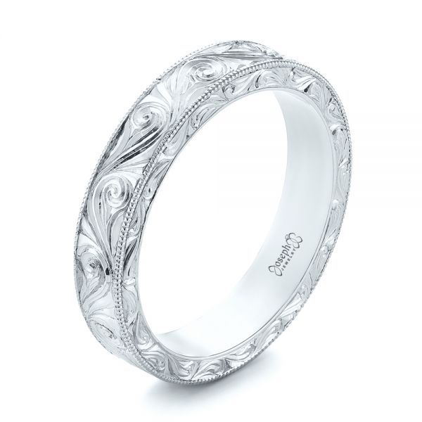 18k White Gold 18k White Gold Custom Hand Engraved Wedding Band - Three-Quarter View -  103286