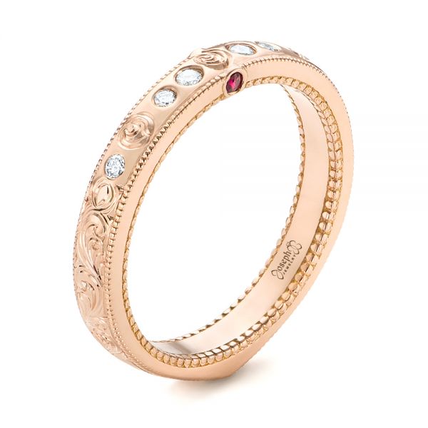 14k Rose Gold Custom Ruby And Diamond Wedding Band - Three-Quarter View -  103469