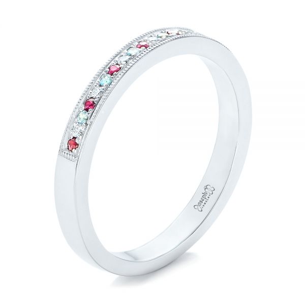 14k White Gold Custom Ruby Topaz And Diamond Wedding Band - Three-Quarter View -  102418