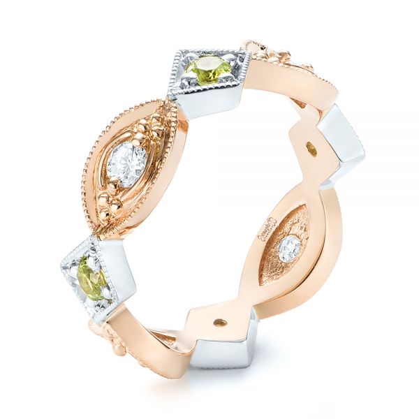 14k Rose Gold And Platinum 14k Rose Gold And Platinum Custom Two-tone Peridot And Diamond Wedding Band - Three-Quarter View -  103365