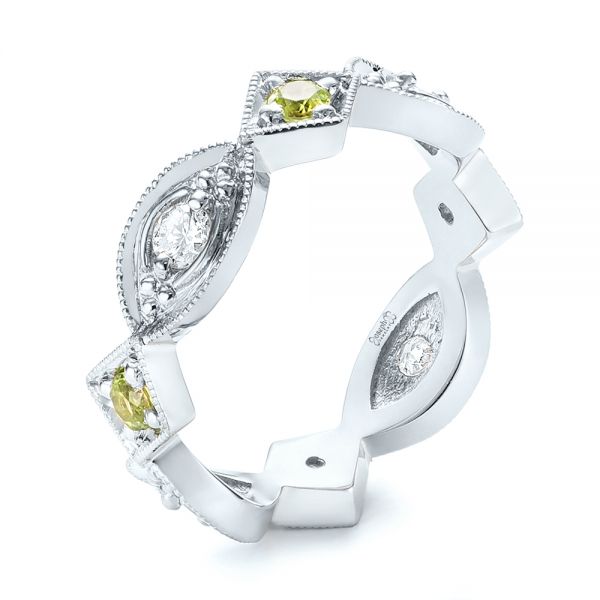 14k White Gold And Platinum 14k White Gold And Platinum Custom Two-tone Peridot And Diamond Wedding Band - Three-Quarter View - 103365