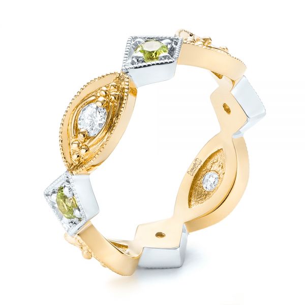 14k Yellow Gold And 18K Gold 14k Yellow Gold And 18K Gold Custom Two-tone Peridot And Diamond Wedding Band - Three-Quarter View -  103365