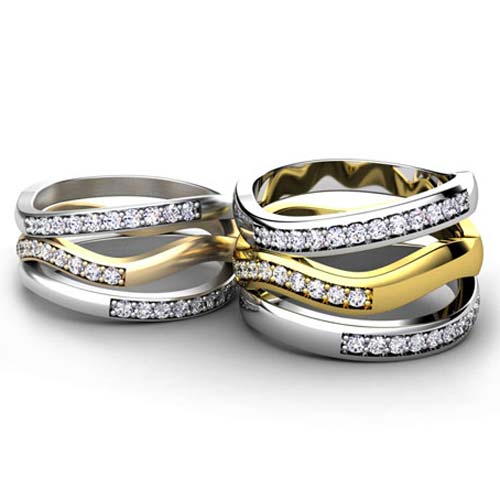  18K Gold Custom Two-tone Triple Ring Set - Three-Quarter View -  990 - Thumbnail
