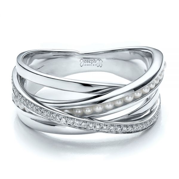 Platinum And 18K Gold Platinum And 18K Gold Custom Women's Pearl And Diamond Wedding Band - Flat View - 100011
