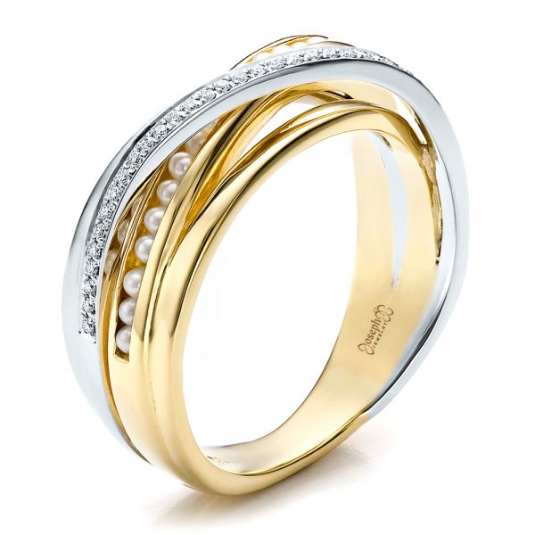 18k Yellow Gold And 18K Gold Custom Women's Pearl And Diamond Wedding Band - Three-Quarter View -  100011