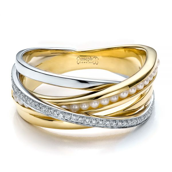 18k Yellow Gold And 18K Gold Custom Women's Pearl And Diamond Wedding Band - Flat View -  100011