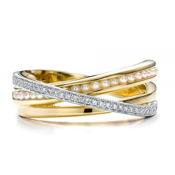 18k Yellow Gold And 18K Gold Custom Women's Pearl And Diamond Wedding Band - Top View -  100011