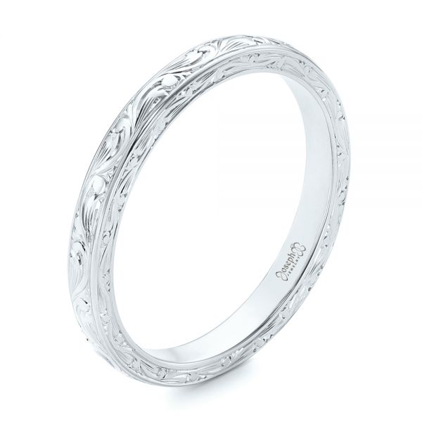 14k White Gold 14k White Gold Custom Hand Engraved Wedding Band - Three-Quarter View -  102442