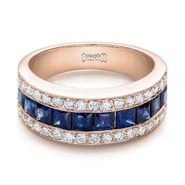 18k Rose Gold 18k Rose Gold Diamond And Blue Sapphire Anniversary Band - Flat View -  101332