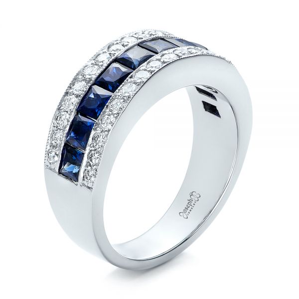 18k White Gold Diamond And Blue Sapphire Anniversary Band - Three-Quarter View -  101332