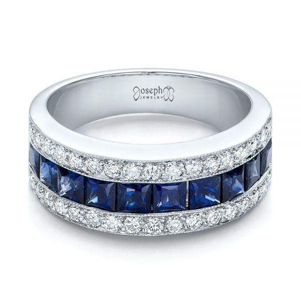 14k White Gold 14k White Gold Diamond And Blue Sapphire Anniversary Band - Flat View -  101332