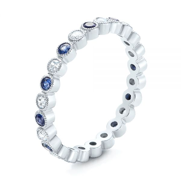 18k White Gold Diamond And Blue Sapphire Stackable Eternity Band - Three-Quarter View -  101894