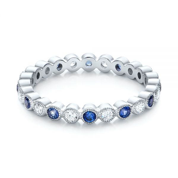 18k White Gold Diamond And Blue Sapphire Stackable Eternity Band - Flat View -  101894