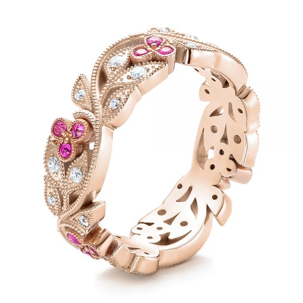 18k Rose Gold And 14K Gold 18k Rose Gold And 14K Gold Diamond And Pink Sapphire Organic Stackable Eternity Band - Three-Quarter View -  101919