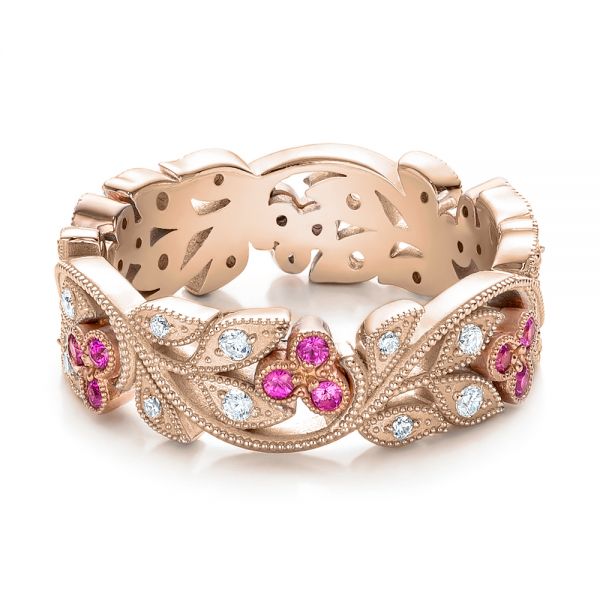 18k Rose Gold And 18K Gold 18k Rose Gold And 18K Gold Diamond And Pink Sapphire Organic Stackable Eternity Band - Flat View - 101919