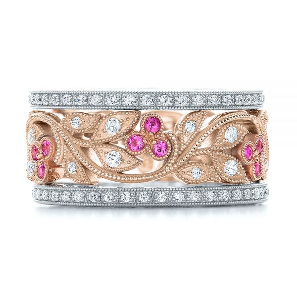 18k Rose Gold And Platinum 18k Rose Gold And Platinum Diamond And Pink Sapphire Organic Stackable Eternity Band - Front View -  101919