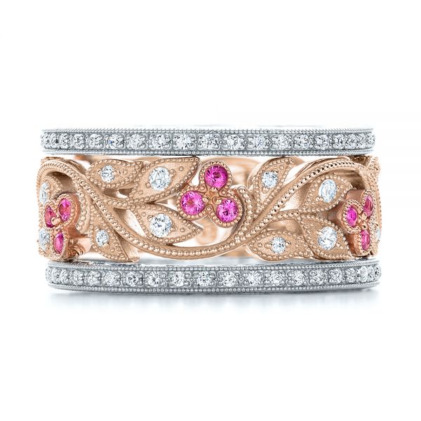 18k Rose Gold And 18K Gold 18k Rose Gold And 18K Gold Diamond And Pink Sapphire Organic Stackable Eternity Band - Front View - 101919