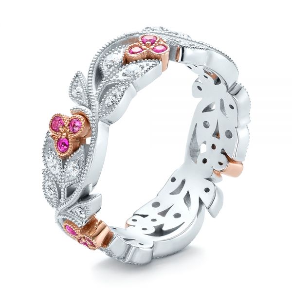 14k White Gold And Platinum 14k White Gold And Platinum Diamond And Pink Sapphire Organic Stackable Eternity Band - Three-Quarter View -  101919