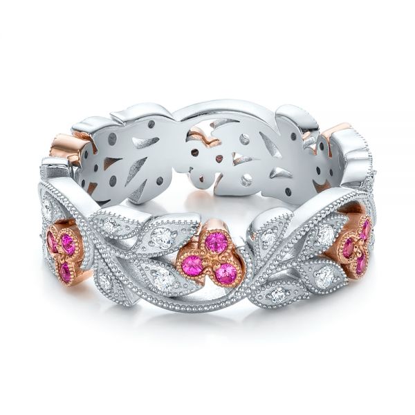 18k White Gold And 18K Gold Diamond And Pink Sapphire Organic Stackable Eternity Band - Flat View - 101919