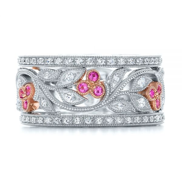 18k White Gold And 18K Gold Diamond And Pink Sapphire Organic Stackable Eternity Band - Front View - 101919