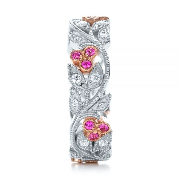 18k White Gold And 18K Gold Diamond And Pink Sapphire Organic Stackable Eternity Band - Side View - 101919