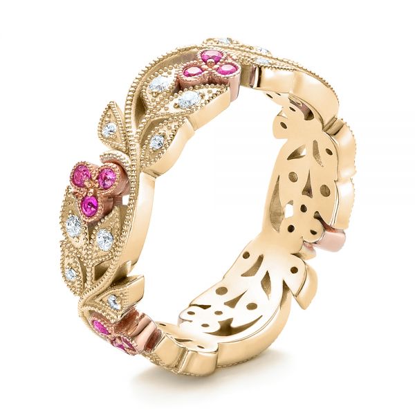18k Yellow Gold And 18K Gold 18k Yellow Gold And 18K Gold Diamond And Pink Sapphire Organic Stackable Eternity Band - Three-Quarter View -  101919