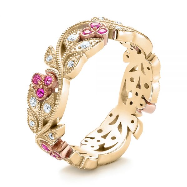 18k Yellow Gold And 18K Gold 18k Yellow Gold And 18K Gold Diamond And Pink Sapphire Organic Stackable Eternity Band - Three-Quarter View - 101919