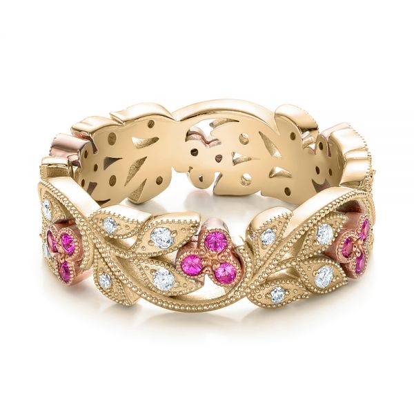 14k Yellow Gold And Platinum 14k Yellow Gold And Platinum Diamond And Pink Sapphire Organic Stackable Eternity Band - Flat View -  101919