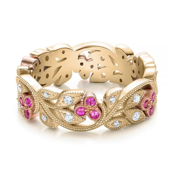 18k Yellow Gold And 18K Gold 18k Yellow Gold And 18K Gold Diamond And Pink Sapphire Organic Stackable Eternity Band - Flat View - 101919