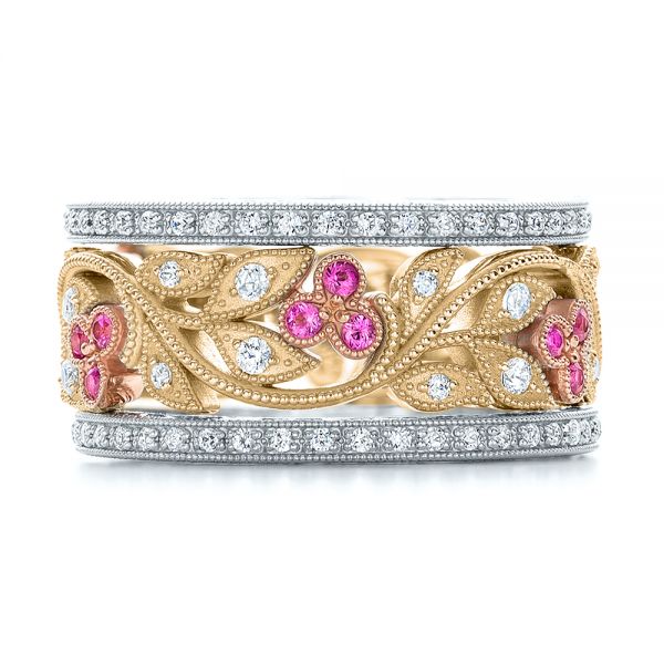 18k Yellow Gold And 14K Gold 18k Yellow Gold And 14K Gold Diamond And Pink Sapphire Organic Stackable Eternity Band - Front View -  101919